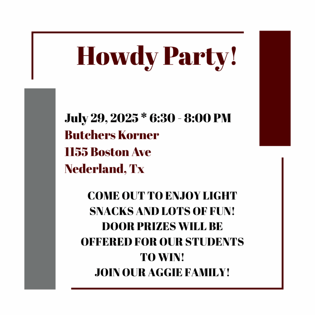 Howdy Party!
July 29, 2025 6:30 - 8:00 PM
Butchers Korner
1155 Boston Avenue
Nederland, Texas 77627